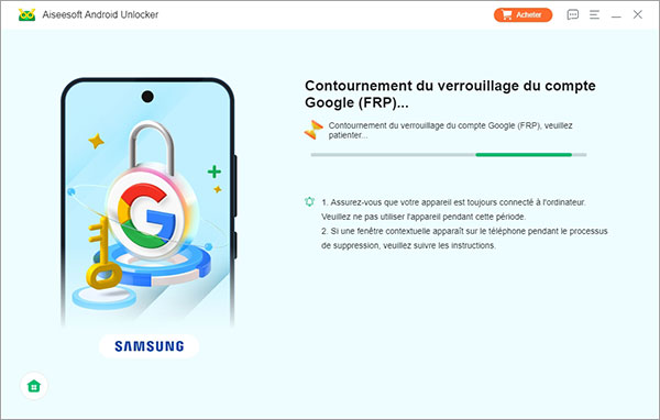 En train de supprimer le verrouillage du compte Google