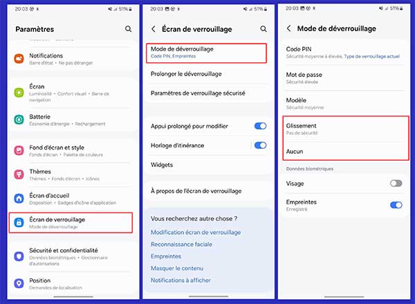 Enlever le code de verrouillage via les paramètres du téléphone