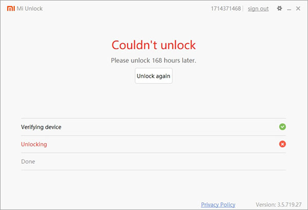 Le message d'erreur de déverrouiller Xiaomi avec Mi Unlock