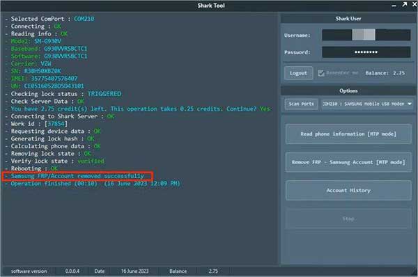 Finaliser le déverrouillage FRP Samsung sur Shark Tool FRP