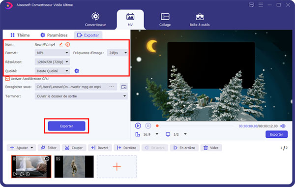 Exporter la vidéo MV