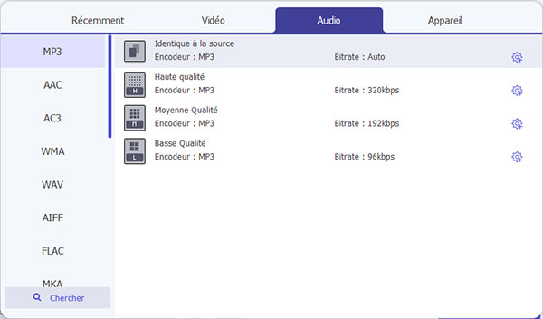 Sélectionner MP3 comme le format de sortie