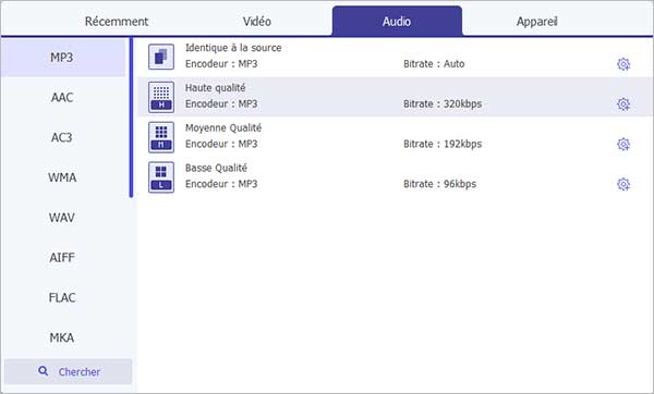 Définir le format de sortie en MP3