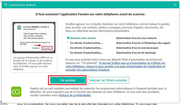 Accepter les autorisations sur le téléphone