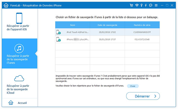 Sélectionner la sauvegarde iTunes