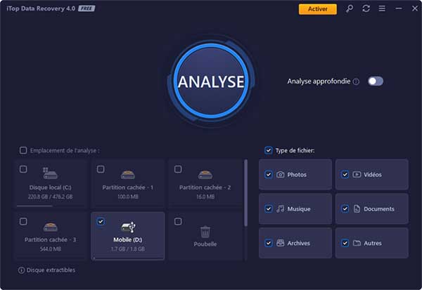 Sélectionner le disque et les types de fichier