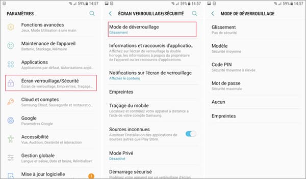 Type de verrouillage d'écran Samsung