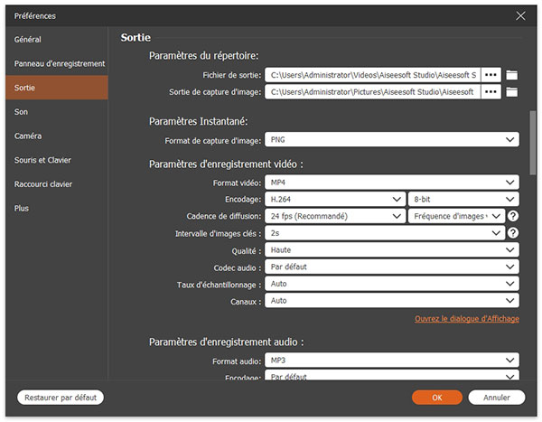 Définir le format de sortie audio