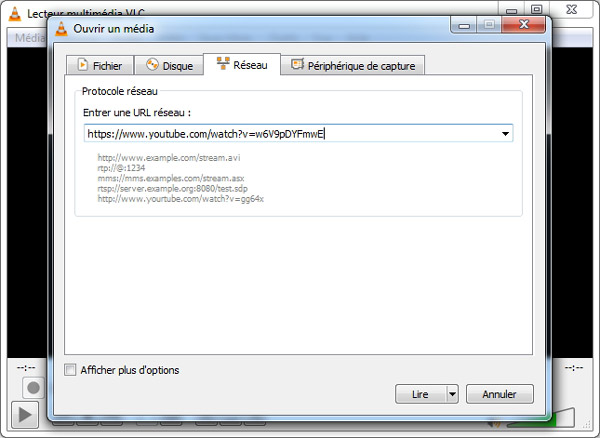 Coller l'adresse Internet sur VLC