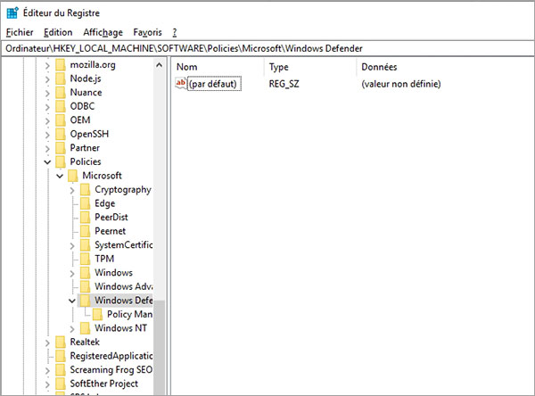 Désactiver Windows Defender sur  Éditeur du Registre
