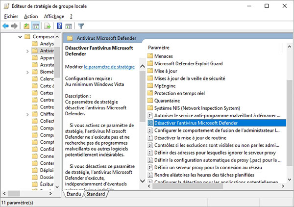 Désactiver Windows Defender sur Éditeur de stratégie de groupe locale