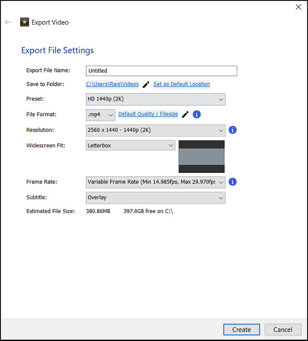 Exportation du projet dans VideoPad Video Editor 